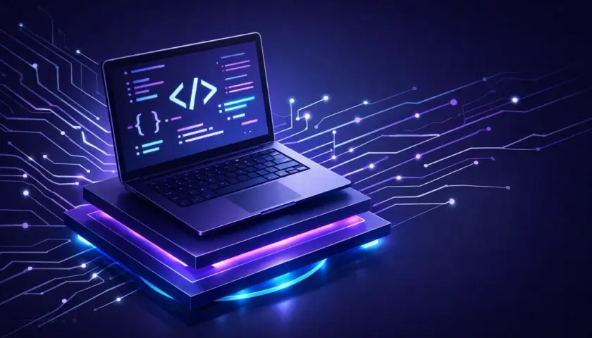 Laptop z kodem na ekranie, na tle cyfrowych obwodów. Symbolizuje backend as a service, ułatwiający tworzenie aplikacji.