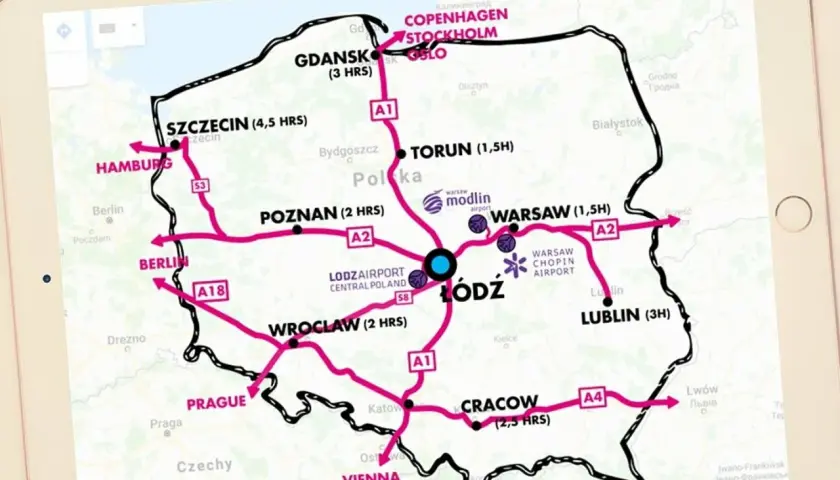 Mapa Polski z zaznaczonymi trasami i czasami dojazdu. Centralnym punktem jest Łódź, połączona z Warszawą, Poznaniem, Wrocławiem, Krakowem, Lublinem, Gdańskiem, Szczecinem, Berlinem, Hamburgiem, Pragą i Wiedniem.