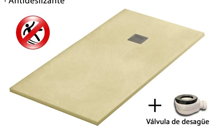 Plato de ducha de resina amarillo con desagüe y símbolo de antideslizante.