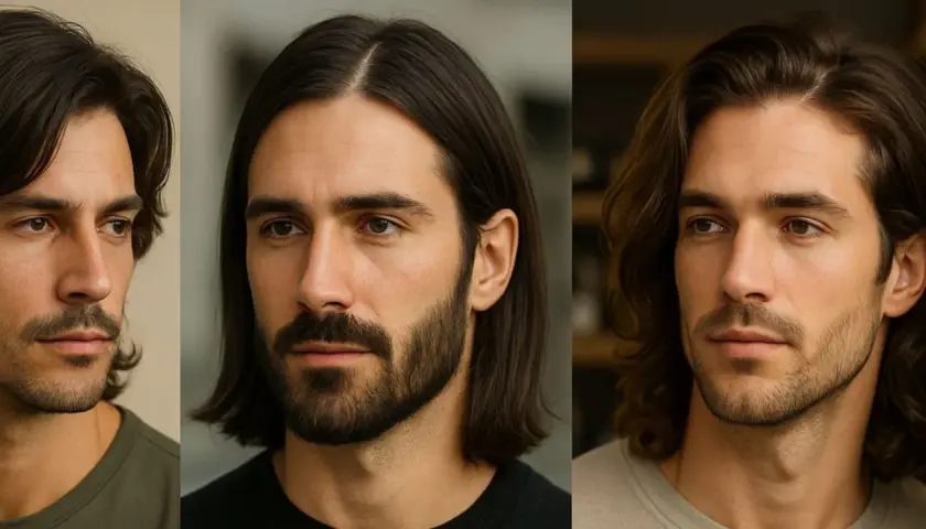 Tres hombres con pelo largo y barba. El de la izquierda tiene bigote, el del medio barba completa y el de la derecha barba corta.