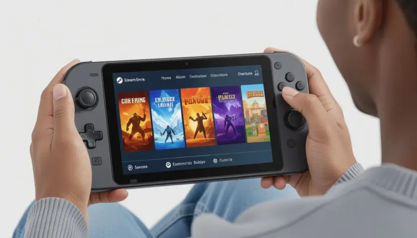 Osoba gra na przenośnym urządzeniu Steam Deck, przeglądając gry. Dowiedz się, jak grać w gry Steam na Android bez Steam Link.