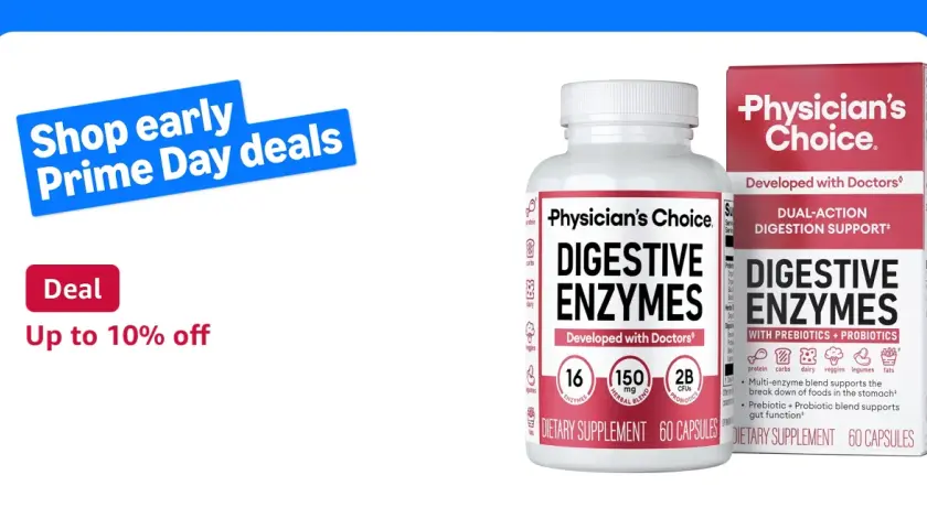 Integratori Physician's Choice con enzimi digestivi e probiotici, ideali per supportare la digestione. Un aiuto per il tuo benessere, come una vitamina U naturale.