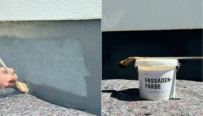 Beim **Haussockel streichen** wird die Fassadenfarbe mit einem Pinsel aufgetragen. Ein Eimer mit "FASSADEN-FARBE" steht bereit.