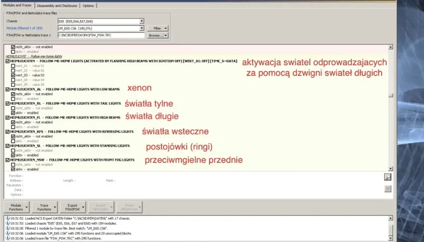 NCS Expert opis modułów: aktywacja świateł, xenon, światła tylne, długie, wsteczne, postojówki, przeciwmgielne przednie.