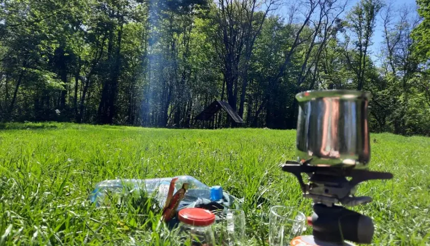 Idealne miejsce, by zanocuj w lesie. Kawa, woda i kuchenka turystyczna na trawie, w otoczeniu drzew.