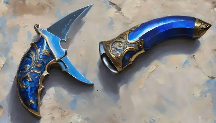 Karambit case hardened blue gem, ozdobiony złotymi ornamentami, lśni jak klejnot.