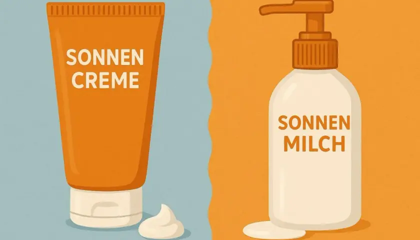Zwei Produkte für den Sonnenschutz: eine Tube Sonnencreme und eine Flasche Sonnenmilch.