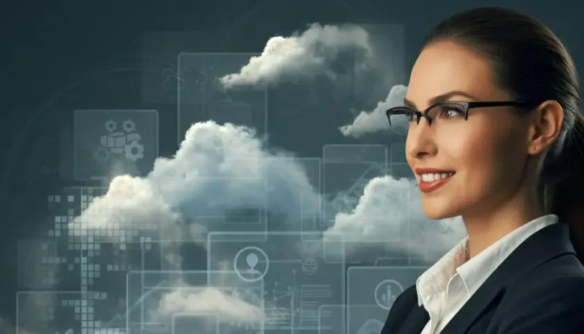 Femme d'affaires souriante, lunettes, devant un fond de nuages et d'icônes symbolisant la stratégie de migration vers le cloud.
