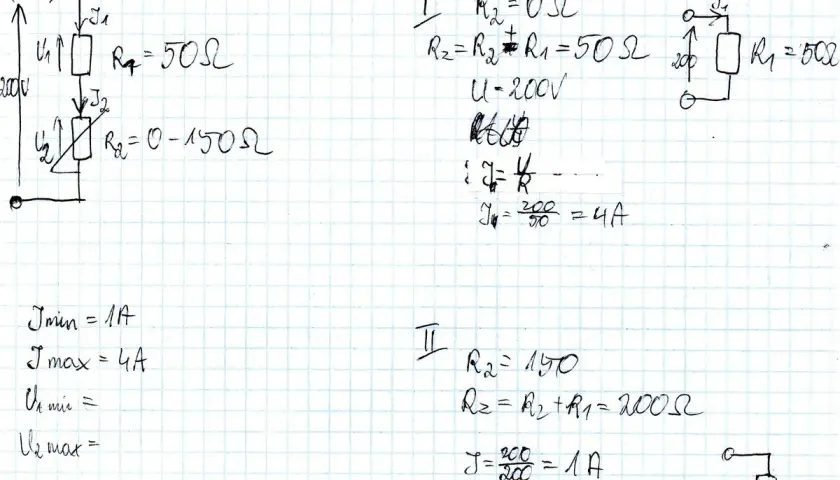 Obliczanie spadku napięcia w obwodzie z rezystancją zmienną R2. Przykład z R1=50Ω, U=200V.