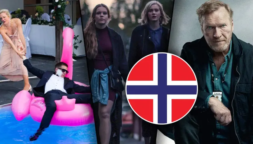 Collage med scener från en norsk serie. En kvinna drar i en mans arm när han sitter på en rosa flamingo i en pool. Två unga kvinnor går. En man med polisbricka.