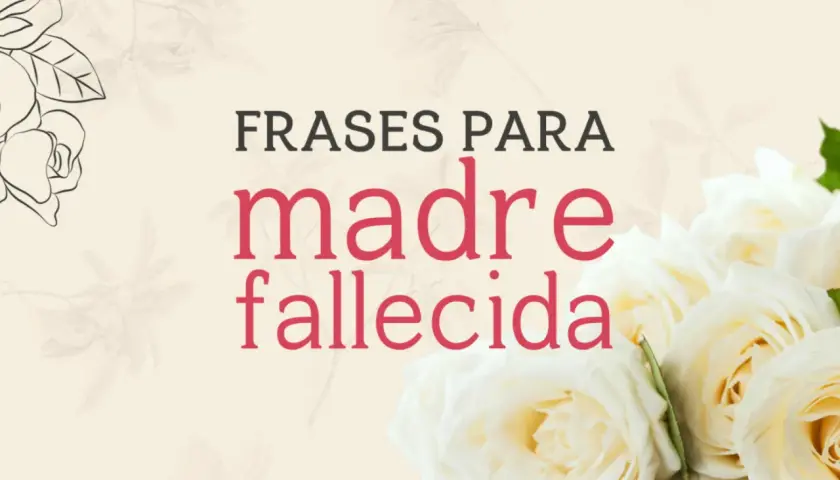 Flores blancas y bocetos de rosas acompañan el texto "Frases para madre fallecida", un homenaje a mi madre en el cielo.