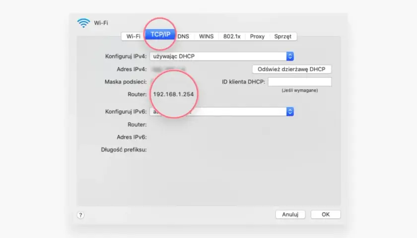 Ustawienia sieciowe TCP/IP, gdzie widoczny jest adres ip routera 192.168.1.254.