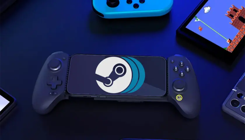 Smartfon z logo Steam w uchwycie gamingowym, idealny do grania w gry z PC na Androidzie. Obok kontroler i ekran z grą retro.