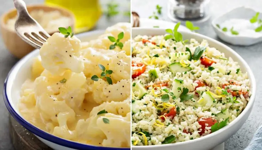 Dos deliciosas recetas con coliflor: cremosa y gratinada, y fresca ensalada de "arroz" de coliflor con verduras.