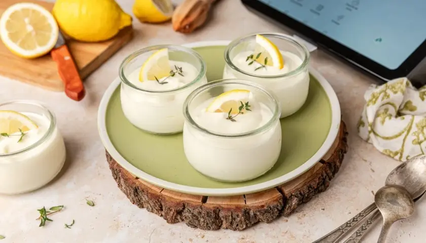 Delicioso mousse de limón thermomix en vasitos, decorado con rodajas de limón y tomillo. ¡Perfecto para un postre refrescante!