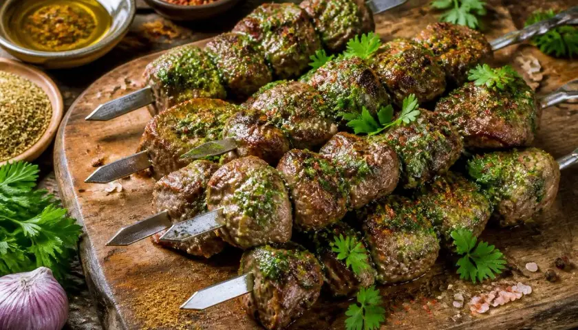 Brochettes d'agneau marinées, prêtes pour la cuisson au barbecue. Herbes fraîches et épices sur fond de bois.
