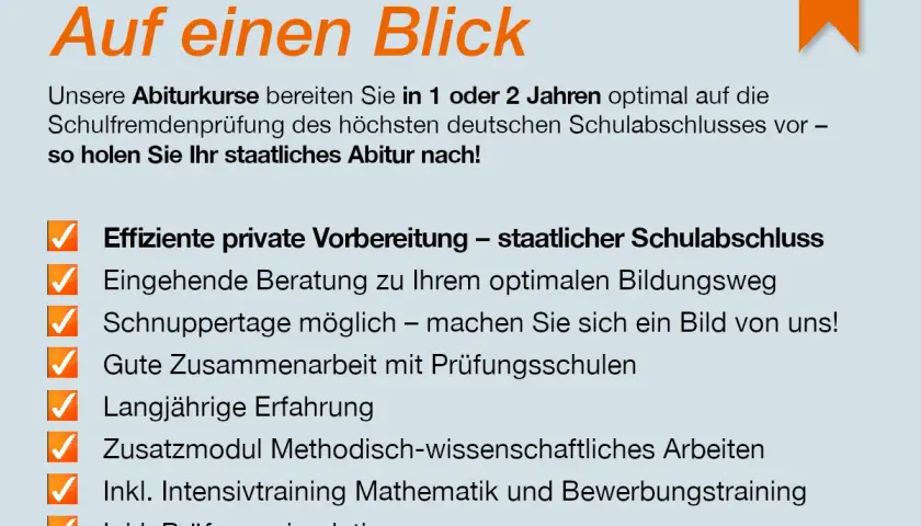 Effiziente Kurse, um Ihr staatliches Abitur online nachzuholen. Beratung, Schnuppertage, Erfahrung & Simulationen für Ihren Erfolg.