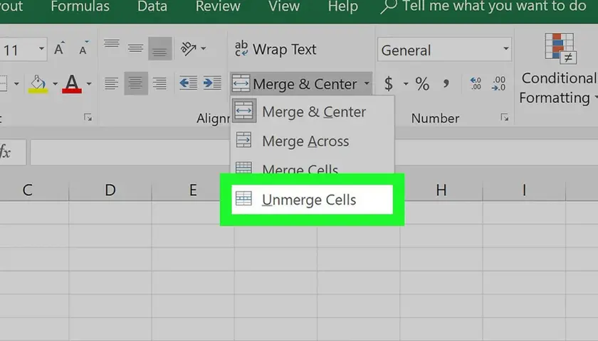 Menu di Excel per dividere cella Excel. Opzione "Dividi celle" evidenziata.