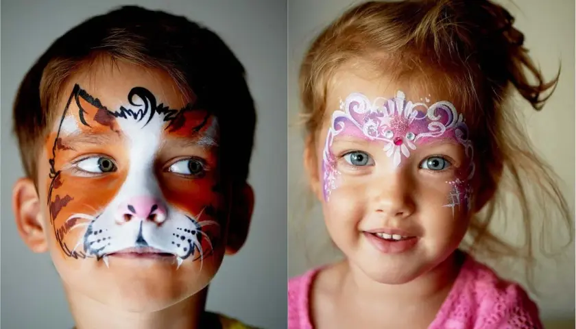 Zwei Kindergesichter mit fantasievollen Kinderschminken-Motiven: Ein Junge als Tiger, ein Mädchen als Prinzessin.