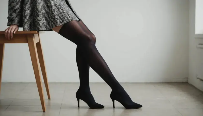 Jambes élancées en collant noir, le tissu offre un sens collant 2 traits, accentuant la silhouette. Chaussures à talons aiguilles noires.