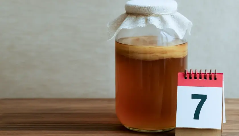 Siedem dni fermentacji herbaty. Słoik z kombuchą i kalendarz z cyfrą 7.