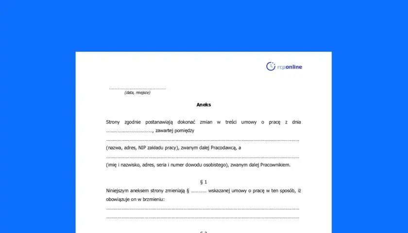 Aneks do umowy o pracę. Dokument zawiera dane pracodawcy i pracownika, a także postanowienia dotyczące zmian w umowie.