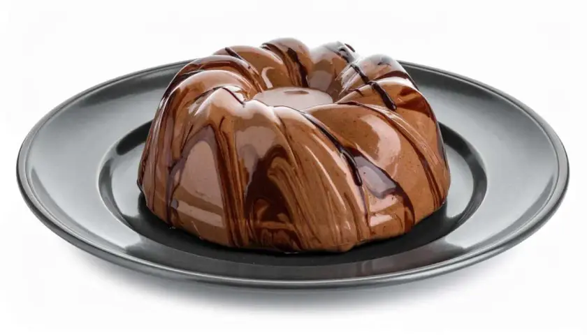 Deliziosa bavarese al cioccolato con glassatura lucida e striature di cioccolato fondente, servita su un piatto scuro.