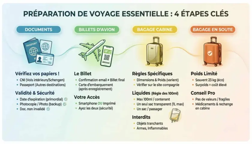 Illustration des 4 étapes de préparation de voyage : documents, billets d'avion, bagage cabine et bagage en soute.