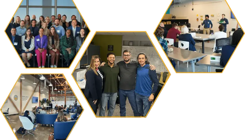 A group of professionals attend a workshop, likely for their MPA degree in California. They collaborate and learn in various settings.