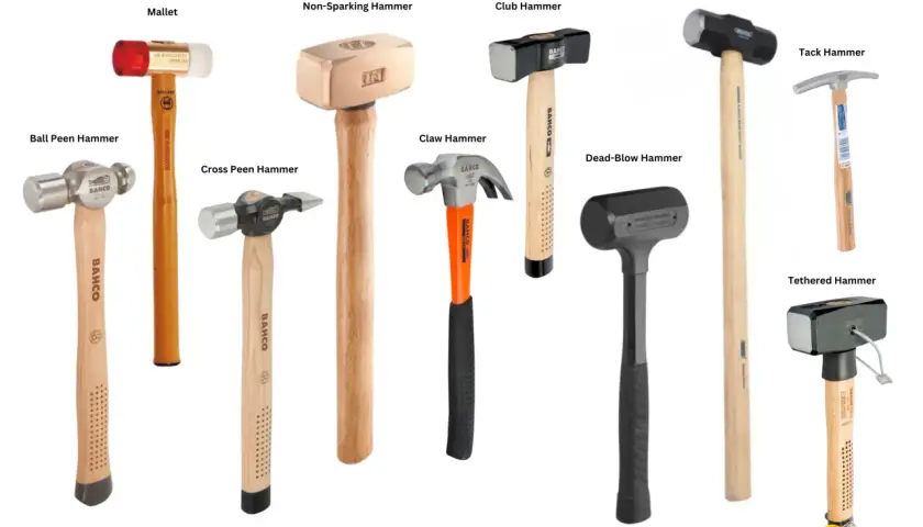 Diversos tipos de martillo: mazo, bola, cruz, garra, sin chispa, club, dead-blow, sledgehammer, tack y tethered.
