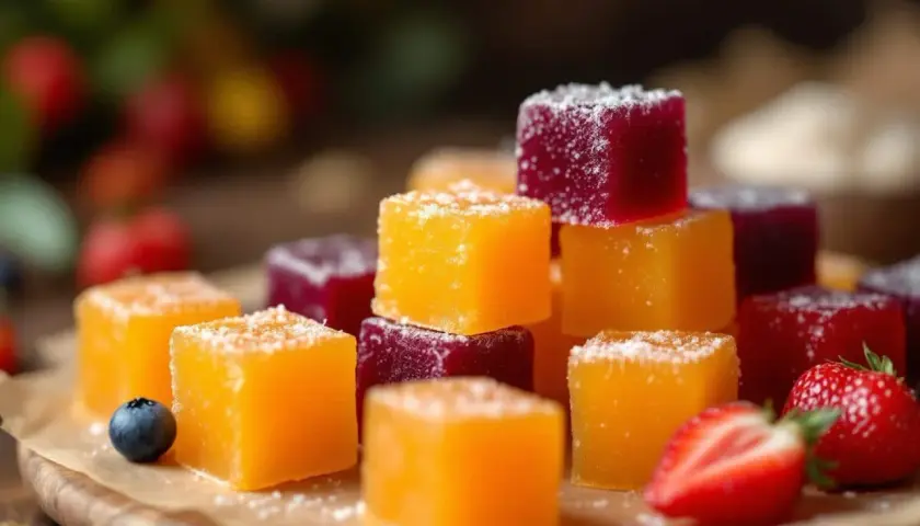 Délicieuses pâtes de fruits maison, orange et violettes, saupoudrées de sucre. Une recette pâte de fruits facile pour un plaisir fruité.