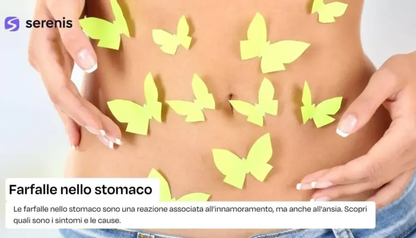 Farfalle nello stomaco, un simbolo di amore o ansia. Mani delicate accarezzano la pancia, circondata da farfalle di carta.