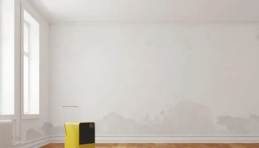 Gelber Luftentfeuchter im leeren Raum mit feuchten Flecken an der Wand. Hilft beim **Wand trockenlegen von innen**.