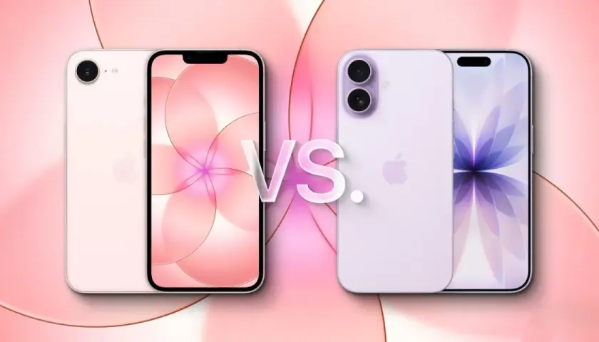 Porównanie iPhone'ów: który iPhone jest najbardziej opłacalny? Różowe i fioletowe modele iPhone'ów na tle pastelowych kształtów.