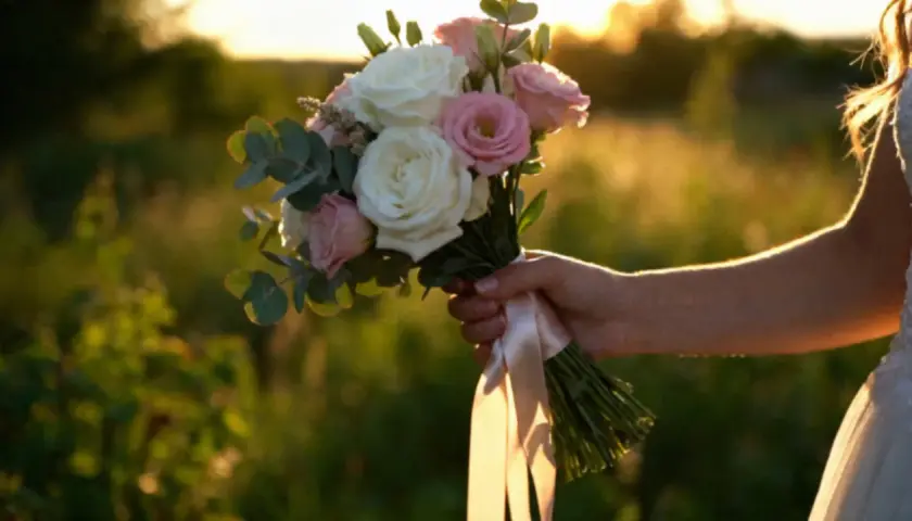 Dłoń panny młodej trzyma bukiet róż i eukaliptusa, ozdobiony satynową wstążką. Różne rodzaje wstążek florystycznych dodają uroku.