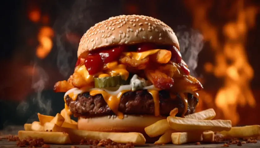 Soczysty burger z serem, frytkami i piklami, polany sosem amerykańskim, na tle płomieni.