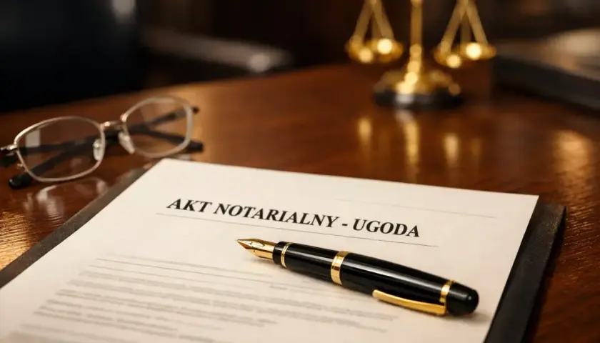 Akt notarialny - ugoda, pióro, okulary i waga sprawiedliwości na biurku. Sfinalizowanie sprawy, która mogła prowadzić do eksmisji, poprzez ugodę.