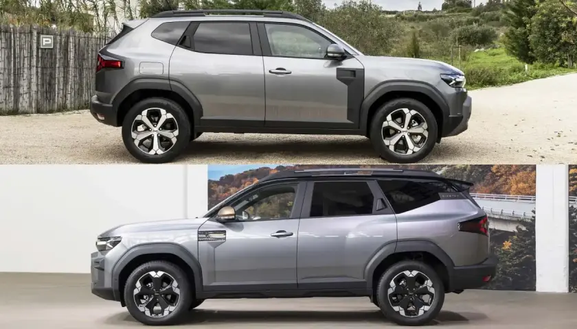 Due Dacia Duster grigie, una all'aperto e una in uno showroom, mostrano il design robusto della nuova Dacia Striker.