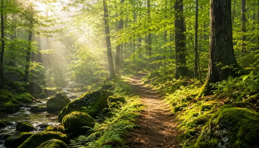 Promienny las, ścieżka i strumyk zapraszają na **shinrin yoku**. Promienie słońca przebijają się przez liście, tworząc magiczną atmosferę.