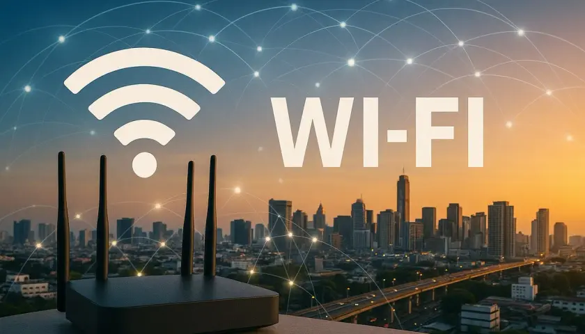 Router Wi-Fi na tle miasta o zachodzie słońca. Każdy abonent może cieszyć się szybkim połączeniem.