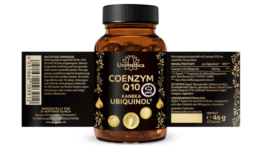 Unimedica Coenzym Q10 (Ubiquinol) Kapseln, 100 mg Ubiquinol pro Tagesdosis. Was ist Ubiquinol? Es ist die aktive Form von Coenzym Q10.