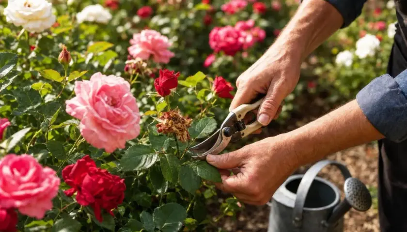 Un jardinier taille des roses rouges et roses. Un arrosoir est visible.