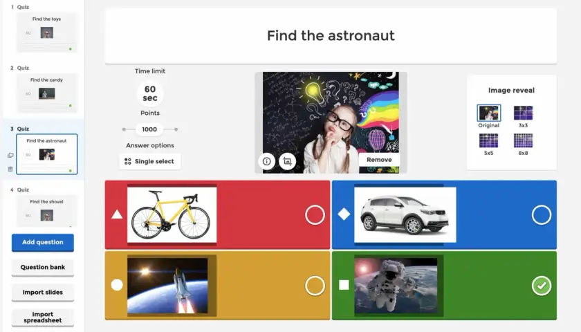 Quiz-Erstellung: Finde den Astronauten. Eine Mentimeter Alternative auf Deutsch, mit Bildoptionen und Zeitlimit.