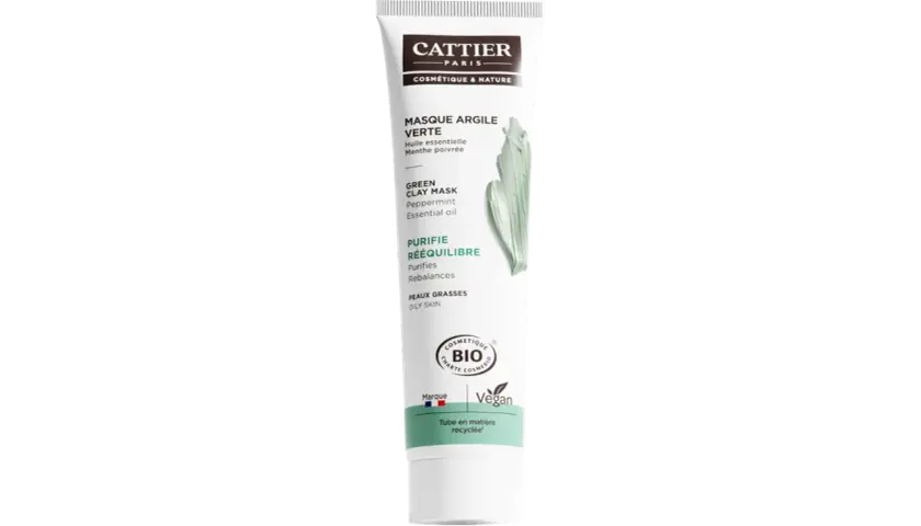 Tube de masque à l'argile verte Cattier, idéal pour le bienfait d'un masque argile purifiant et rééquilibrant pour peaux grasses.