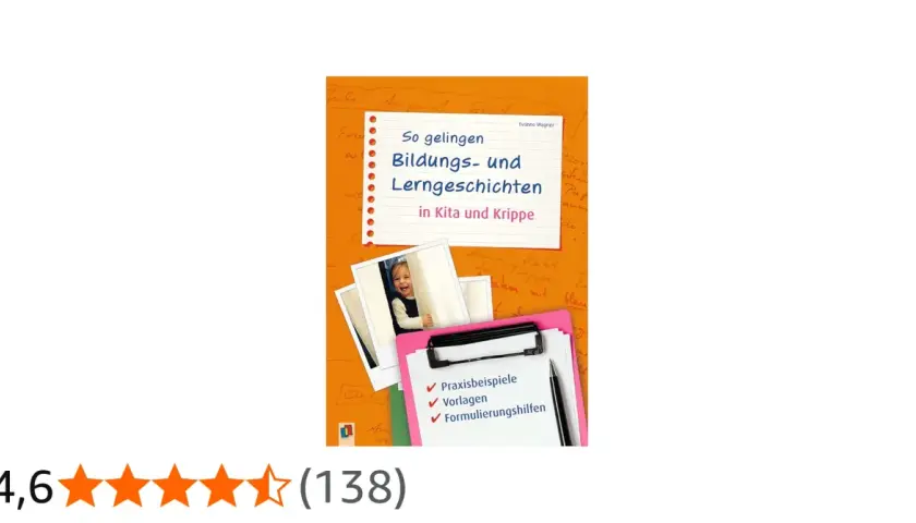Buchcover "So gelingen Bildungs- und Lerngeschichten in Kita und Krippe" mit Fotos eines lachenden Kindes und einer Kladde mit Checklisten.