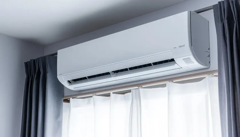Biały klimatyzator nad oknem, z zasłonami po bokach, zapewnia chłód w upalne dni.