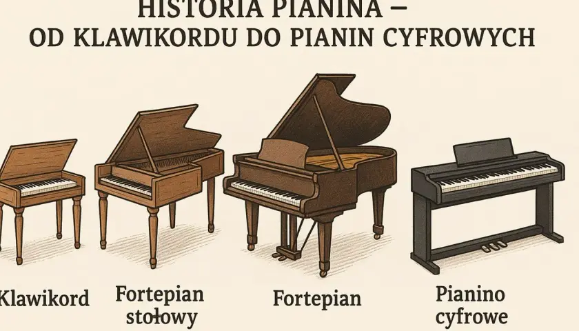Ewolucja instrumentów klawiszowych: od klawikordu, przez fortepian stołowy i fortepian, po pianino cyfrowe. Czy pianino ma struny? Tradycyjne tak, cyfrowe nie.
