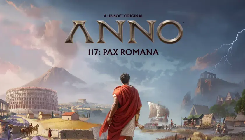 Anno 117: Pax Romana. Rzymski przywódca spogląda na krajobraz z Koloseum, wulkanem i statkiem.