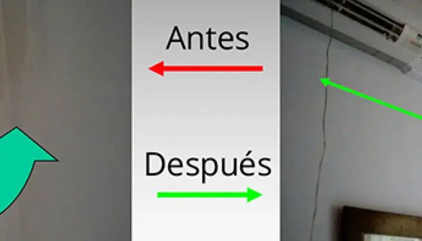 Un aire acondicionado con su compresor, mostrando un antes y un después con flechas indicando un cambio.
