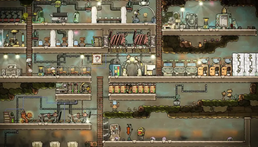 Kolonia w Oxygen Not Included, spolszczenie gry. Widać tu wielopoziomową bazę z rurami, maszynami i klonami.